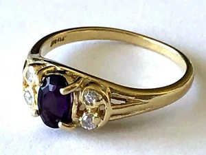 Classy Ladies Or Child Ring Amethyst 4 Diamond 14K Yellow Gold Sz 5.5 - Picture 1 of 12