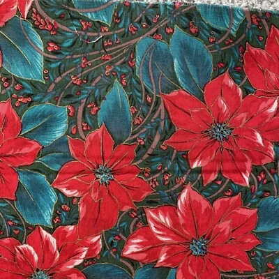 2 Yards VTG Fabric Holiday Editions Fabri-Quilt Christmas poinsettias red green - Image 1 of 3