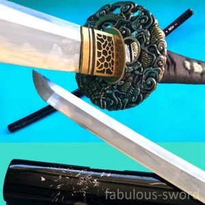 Damascus folded steel clay tempered Japanese samurai sword Gold copper tsuba - Picture 1 of 7
