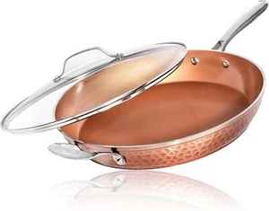 14'' Nonstick Frying Pan W/ Lid Steel Hammered Copper Ceramic Coating Cookware - Picture 1 of 6