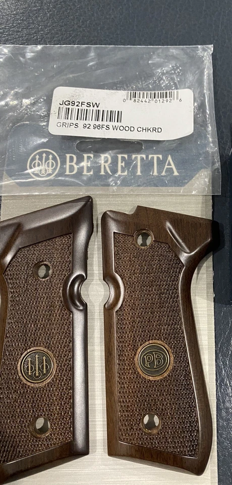 BERETTA FULL SIZE WALNUT WOOD PISTOL GRIPS FITS STANDARD 92 96 M9 MODEL HANDGUNS - Image 1 of 4
