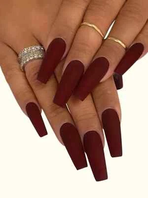 24pcs Long Coffin Burgundy Solid Matte Fake Nail False Nails Press On Nails Glue - Image 1 of 4