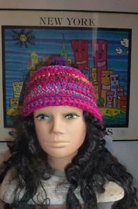 Multicolor Handmade Crochet Beanie Hat Hot Pink Brights Purple Pompom One Size - Picture 1 of 4