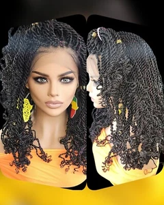 Handgefertigte geflochtene Perücke Jet schwarz kinky Twists Perücke 360 Spitzenverschluss. Neu mit Etikett - Bild 1 von 21