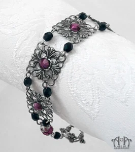 Gothic Black CRYSTAL BEADED BRACELET Purple Rhinestone Silver Victorian Filigree - Picture 1 of 3