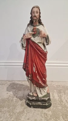 Grande Statue ancienne en platre Jésus Christ Sacré Coeur 44 cm - Photo 1/4