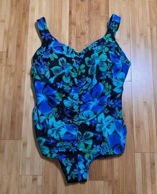 Traje de baño azul negro azul floral fruncido de una pieza tazas suaves talla 24W Foto 1 de 4