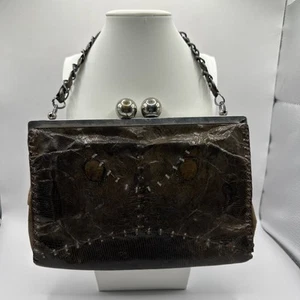 Antique Vintage Brown Small Alligator Reptile Skin Purse Handbag Evening Bag - Picture 1 of 17
