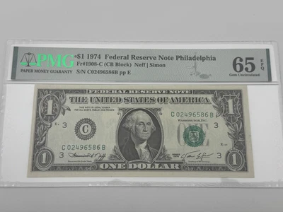 1974 $1 Federal Reserve Note Minted in Philadelphia PMG 65 Gem Uncirculated EPQ - Image 1 of 4