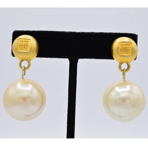 Givenchy Vintage Logo Earrings Chunky Brushed Gold 4G Dangle Pearl Signed BinAE - Picture 1 of 8