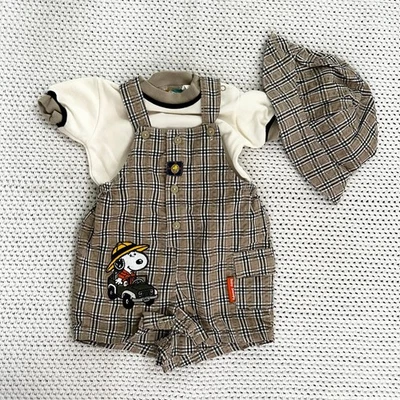 Baby Snoopy Safari Brown Grid Plaid Cargo Overalls Tee Shirt Bucket Hat 6-9M Y2K - Image 1 of 4