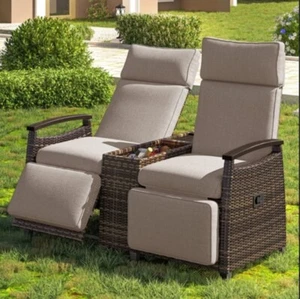 Patio Recliner Loveseat Chair,Adjustable Backrest Wicker Outdoor Lounge ChairSet - Picture 1 of 10