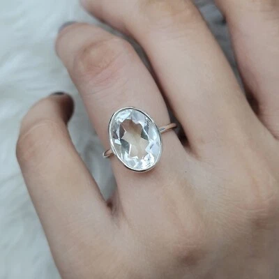 Anillo de cóctel ovalado de cuarzo de cristal de plata de ley 925 anillo diario para mujer regalo Foto 1 de 4
