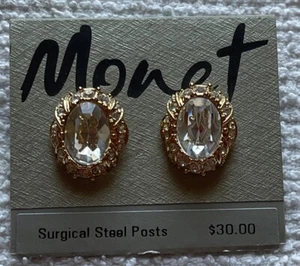 Vintage MONET Schmuck Ohrringe 48322 goldfarben oval durchbohrt klar Strass NEU - Bild 1 von 9