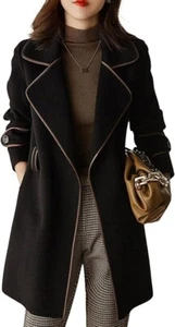 Women's Elegant Lapel Collar Wool Blend Midi-Long Pea Coat Jacket with Belt - Picture 1 of 16