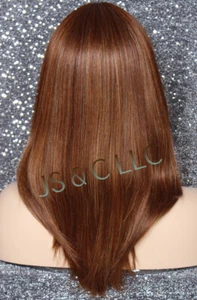 Human hair blend Full Wig Layered Straight bangs Heat OK Auburn mix 1031 PL - Picture 1 of 5