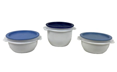 TUPPERWARE ,Set of 3 ~ ONE TOUCH BOWLS ~ 2 - 16 oz, 1 -  26 oz Blue Lids - Image 1 of 4