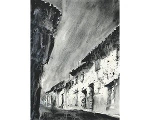 Peruvian architecture in Sacred Valley, Peru.  Black  white watercolor (print) - Picture 1 of 12