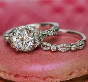 2.50 Ct Lab Created Diamond Engagement Bridal Set Ring Set 14K White Gold Plated - Picture 1 of 4