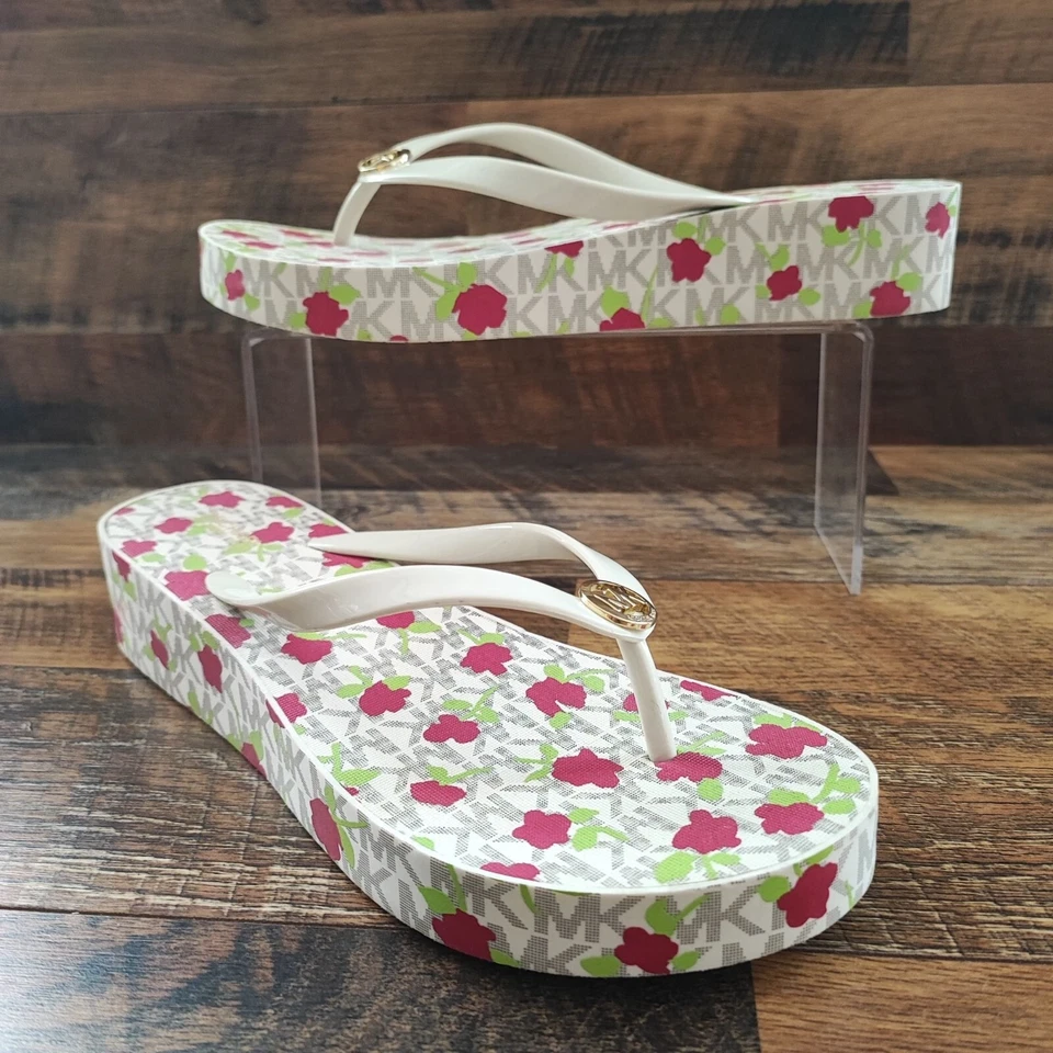 Michael Kors Women’s Bedford Signature White Floral Wedge Thong Sandals Sz 10 - Image 1 of 4