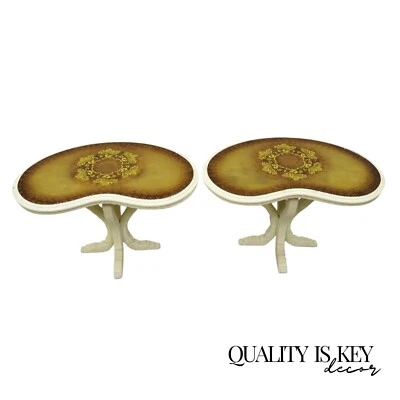 Mesas laterais brancas vintage Hollywood Regency vidro dourado em forma de rim - um par - Imagem 1 de 4