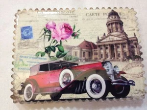 Souvenir Fridge Magnet Old Cars - Red Car in Old Paris - Brand New - Picture 1 of 2