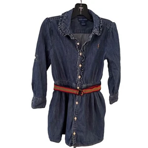 Ralph Lauren Girls Denim Button Up Dress, Long Sleeve Belt Size 5 - Picture 1 of 11