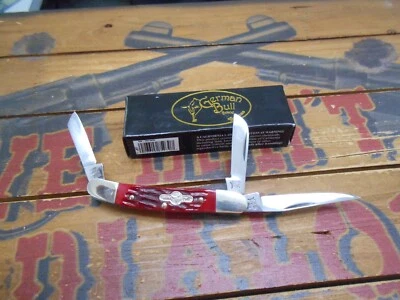 German Bull 3 Blade Pocket Knife Red Pick Bone Handle - Image 1 of 4