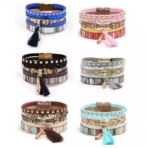 Braccialetti Donna Multi Strato Nappa Pelle Bracciali Fibbia Magnetica Braccialetto - Foto 1 di 22
