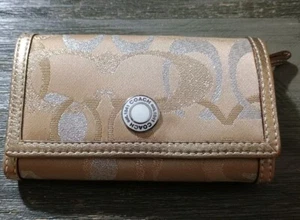 COACH Woman's Signature Gold Leather Canvas BI-FOLD Wallet Key Ring - Picture 1 of 10