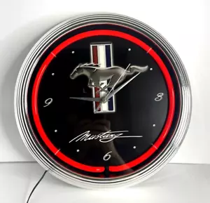 Ford Mustang Tribar Running Horse Neon Wall Clock Black w/ Red Illumination - Bild 1 von 4