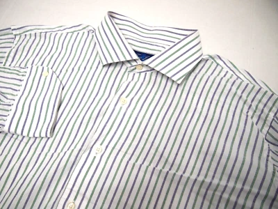 Camisa de vestir Tom James para hombre 16 1/2 33 blanca verde púrpura a rayas con cuello de botones Foto 1 de 4