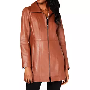 Anne Klein Women's Stand-Collar Lamb Leather Walker Coat - Picture 1 of 4
