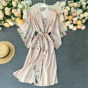 Cappotto kimono donna giapponese lungo accappatoio raso top stampa floreale Yukata homewear - Foto 1 di 13