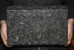 14" Qianlong Marked Old China Black Ebony Wood Dynasty Carved Dragon Box Cabinet