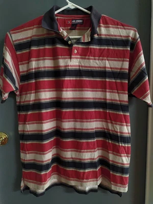 Reel Legends Men's Polo Shirt Size Medium Striped Red Blue Tan Outdoor Colorful - Image 1 of 4