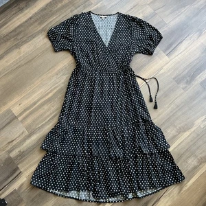 Knox Rose Tiered Wrap Dress Short Sleeve Midi 100% Rayon Pockets Black XL - Picture 1 of 20