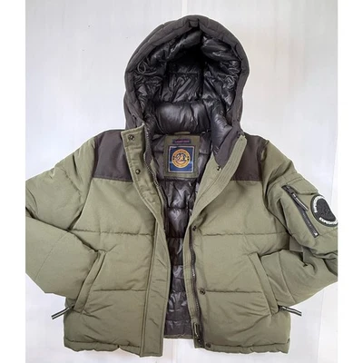 SUPERDRY Эверест короткий пуховик Bomber куртка женщин Sz 8 капюшон армия зеленый черный  - Изображение 1 из 4