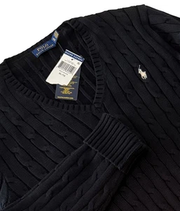 Polo Ralph Lauren Damen V-Ausschnitt Pullover XL schwarz weiß Pony dick Zopfmuster - Bild 1 von 5
