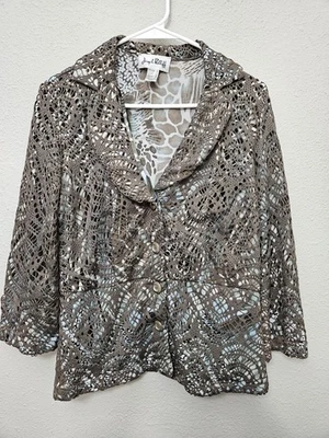 Joseph Ribkoff 10 Button Down Brown Blue Lace Overlay Animal Print Blazer Jacket - Image 1 of 4