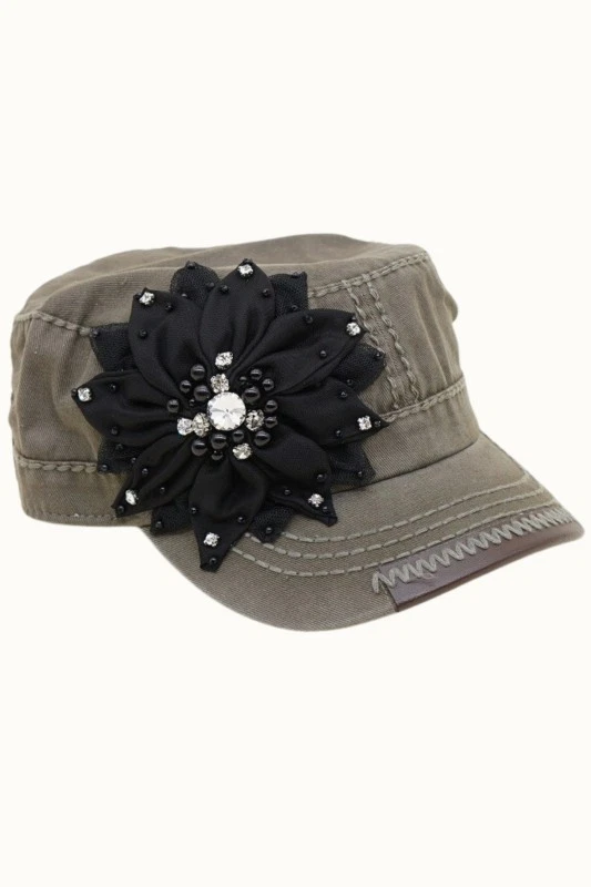New Olive & Pique Women's Bling Rhinestone Flower Cadet Hat - Olive - Image 1 of 1