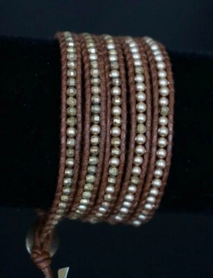 NUEVO Brazalete de Cuero Chan Luu Cristal Perla Oro Vermeil Pepita 5 Envolturas Foto 1 de 4