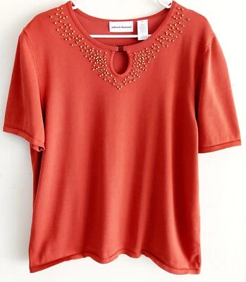 ALFRED DUNNER Womens XL Pullover Short-sleeve Sweater w/ Keyhole & Wooden Beads Foto 1 de 4