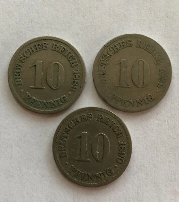 1889 A,D and 1890 A  Germany - Empire 10 Pfennig Coins KM#12 - Image 1 of 2