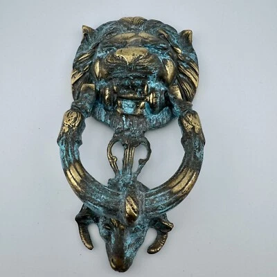 Cast Metal Impressive Lion Head & Ram Door Knocker 8”x4” w/ Original Hardware - Image 1 of 4