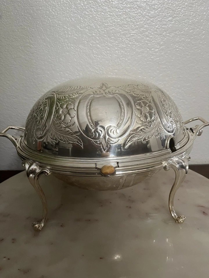 Antiguo calentador de alimentos con tapa enrollable domo plateado - diseño de calabaza/corona (raro) Foto 1 de 4