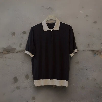 Saks Fifth Avenue Collection Contrast Short Sleeve Zip Polo Shirt Merino Italy - Image 1 of 4