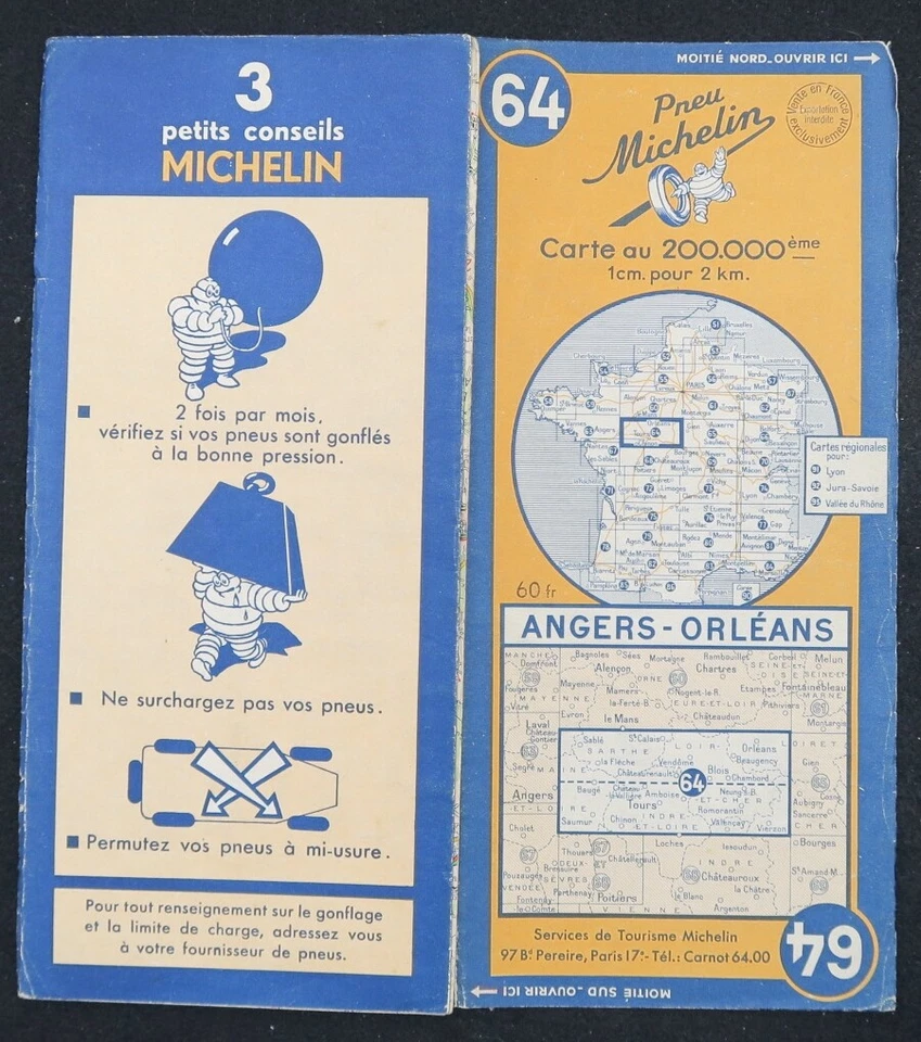 Tarjeta MICHELIN 64 ANGERS ORLEANS 1950 Guía Bibendum neumáticos mapa - Imagen 1 de 1