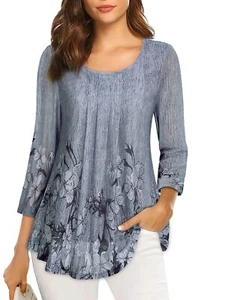 Valolia Top Damen Large blau grau geblümt 3/4 Arm feminin - Bild 1 von 11