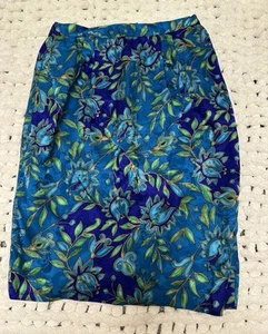 Silk 100% Bright Floral Blue Teal Pencil Skirt Sz 10 - Picture 1 of 7